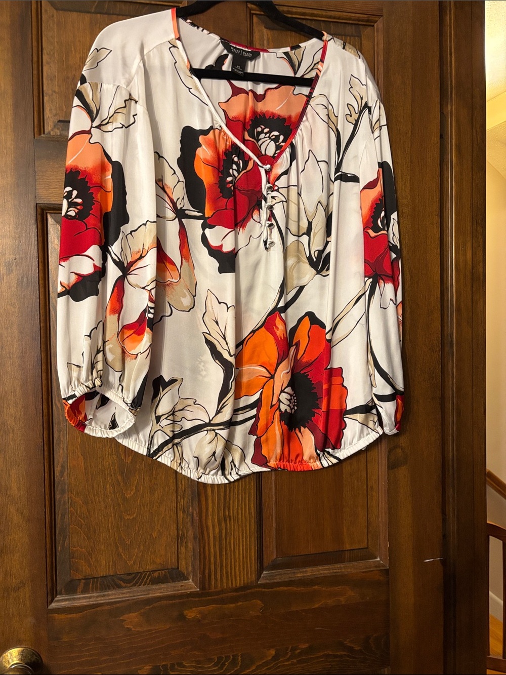 White House Black Market White Blouse with Red & Orange Floral Print